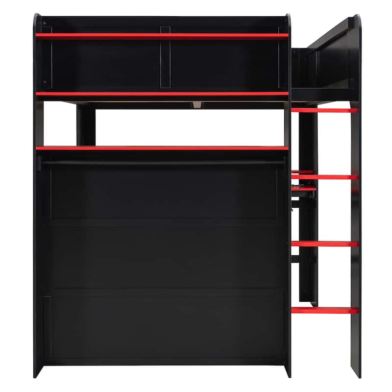 Full Size Esports Loft Bed, Built-In Gaming Station with Adjustable Desk, Wardrobe, Book Shelves, USB Port & RGB Strip Lighting