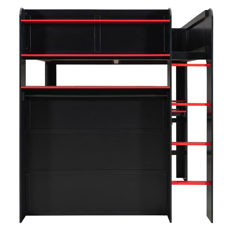 Roomfitters Full Size Loft Bed with Adjustable Desk, Wardrobe Storage, and RGB Lighting