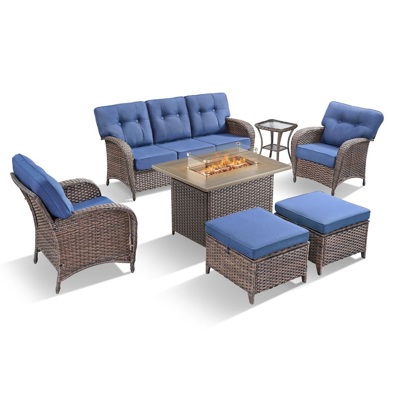 TWrap 7-Piece Wicker Patio Fire Pit Conversation Set with 3-Seat Sofa & Armchairs