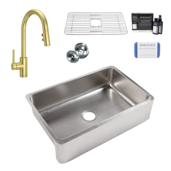 slide 2 of 7, Lange Crafted Stainless Steel 32" Single Bowl Farmhouse Apron Kitchen Sink with Gold Faucet Kit