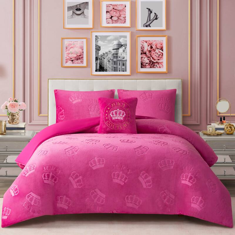 Juicy Couture Embossed Plush Crown Comforter Sets - King - Hot Pink