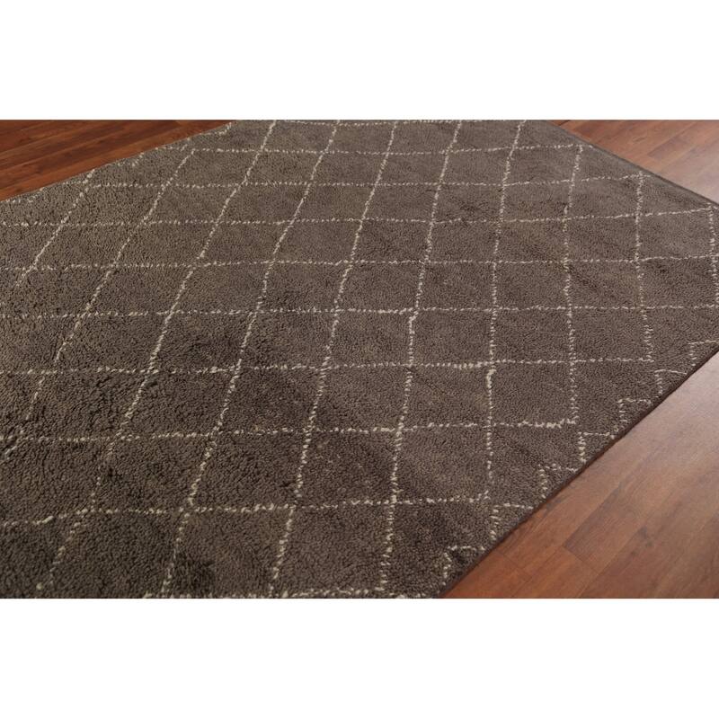 All-Over Brown Trellis Moroccan Indian Rug Hand-Knotted Wool Carpet - 5'1" x 8'2"