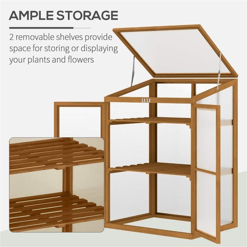 2-Tier Wooden Greenhouse with Polycarbonate Panels Natural Wood Garden Plant Protector for Indoor and Outdoor Use
