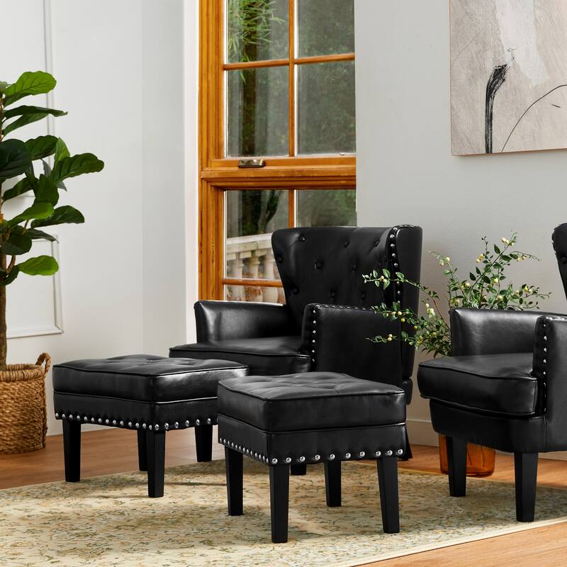 Glitzhome Set of 2 22"W Leatherette Button-tufted Foot Stools Ottomans