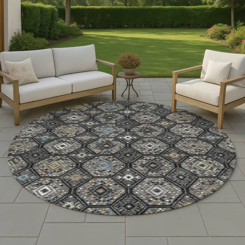 Machine Washable Indoor/ Outdoor Modern Hexi Chantille Rug - Black - 8' x 8'