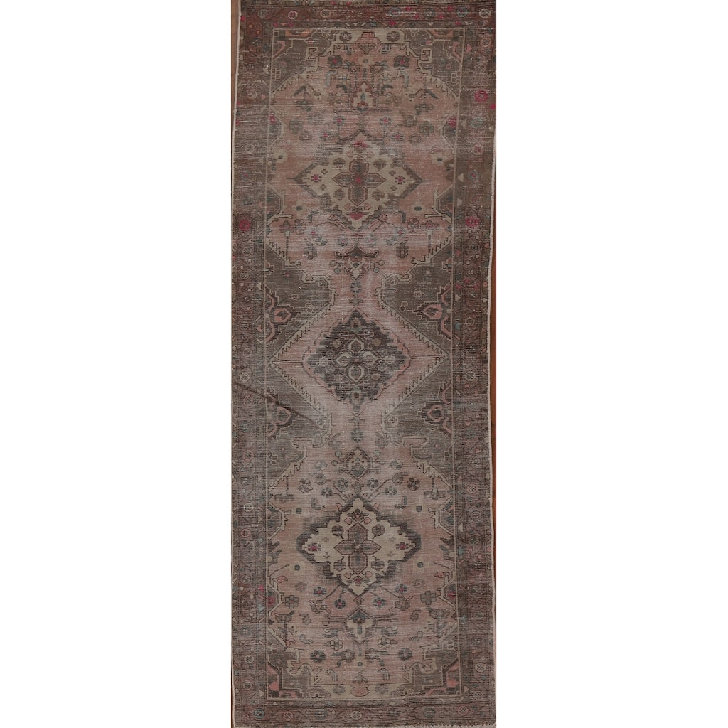 Hand Knotted Oriental 100% Wool Carpet Traditional Geometric Pink Hamedan Runner Rug - 9' 7'' X 3' 3''