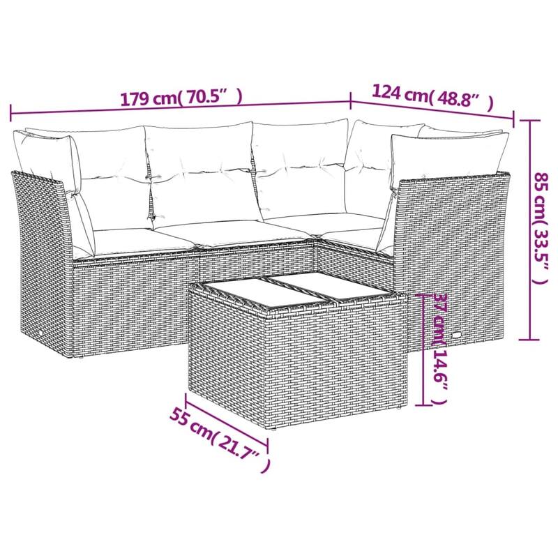 vidaXL 4/5 Piece Patio Sofa Set with Cushions Brown/Gray Poly Rattan - 24.4 x 24.4 x 27.2