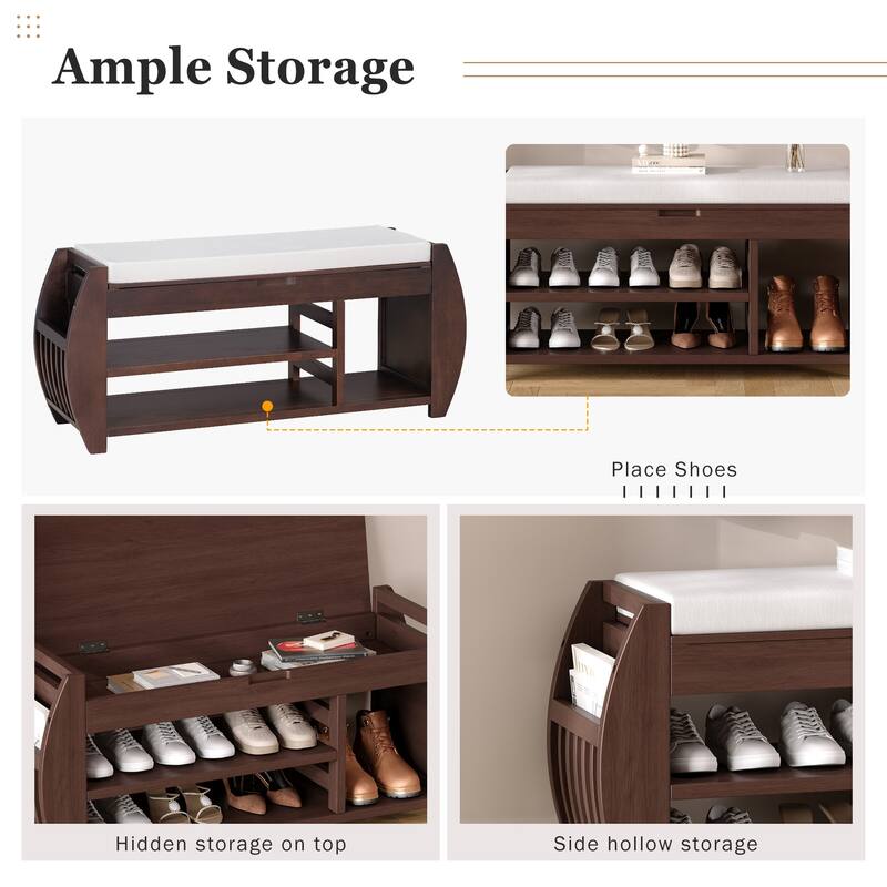 Shoe Bench 2-Tier Storage Bench with Cushion & Curved Side Holder, Wooden Panel Shoe Rack Organizer for Entryway, Living Room