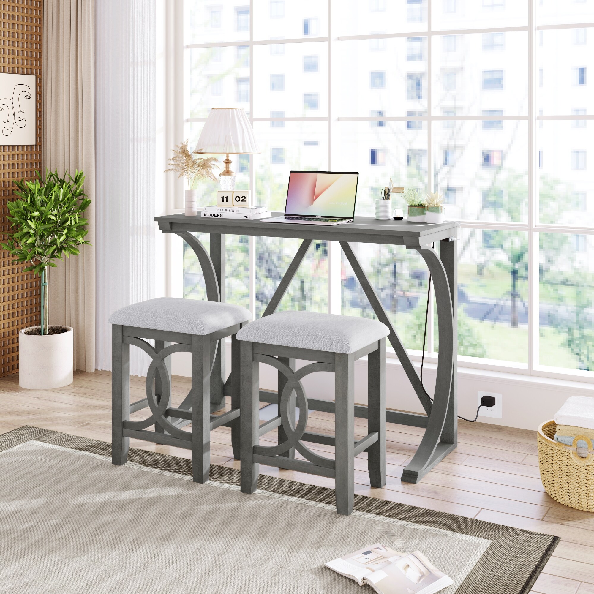 3 Piece Counter Dining Set Small Dining Table with Built in USB