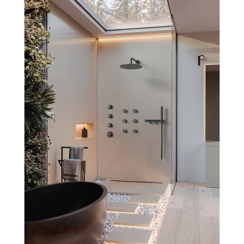 GRANDJOY Shower Faucet System 12" Wall Mount Rainfall Shower Head Body Jets Handheld Spray with Hose Thermostatic