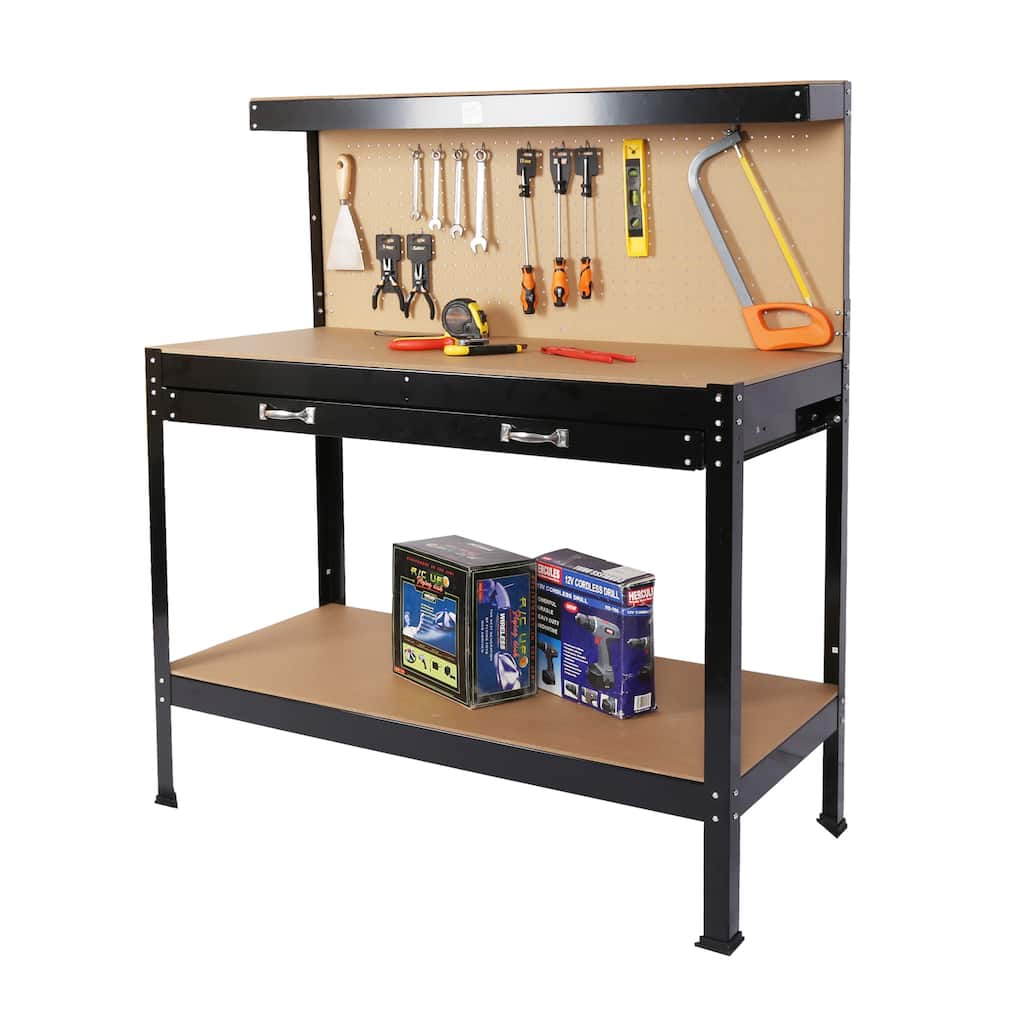 63" H Steel Workbench Tool Storage Work Bench Workshop Tools Table W/Drawer and Peg Board