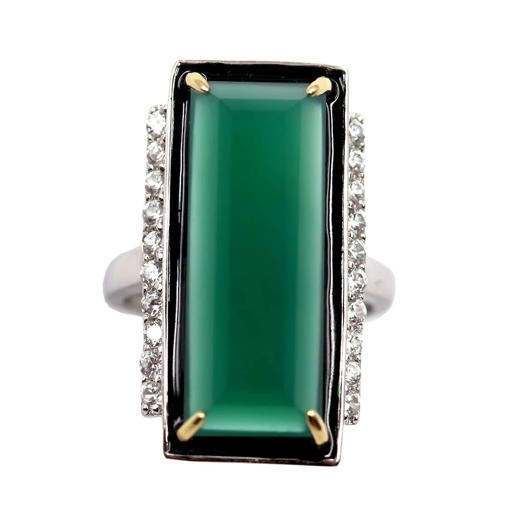 14K Gold & 925 Sterling Silver Green Agate and White Natural Zircon Ring