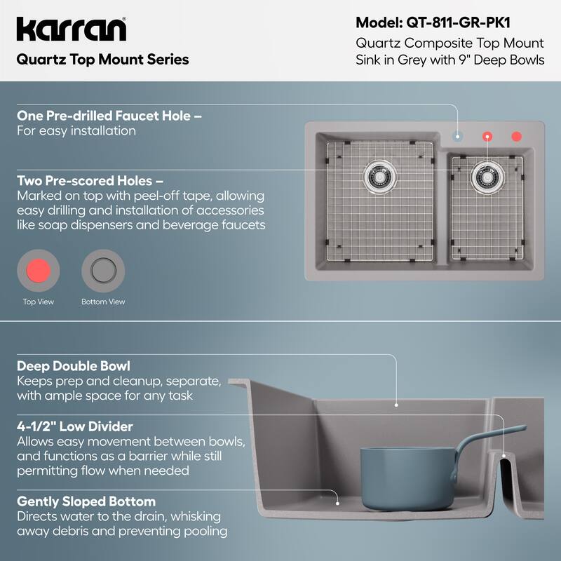 Karran 33" Top Mount Large/Small Bowl Quartz Kitchen Sink Kit - 33" x 22" x 9"