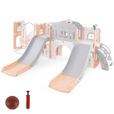 Gymax 10 in 1 Toddler Swing & Slide Set w/Basketball Hoop Telescope