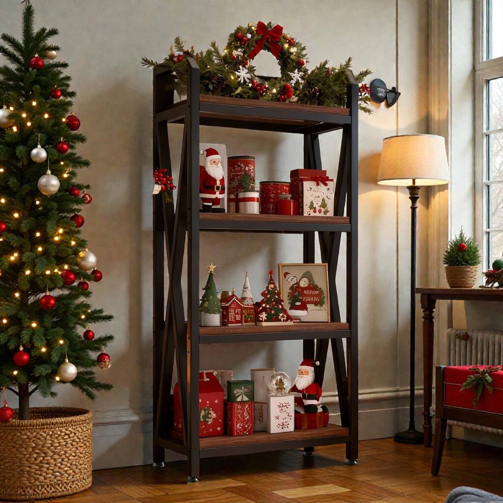 56.3 Inch Bakers Rack with 4 Tier Storage Shelves, Metal and Wood Kitchen Organizer for Pantry, Bathroom and Garage