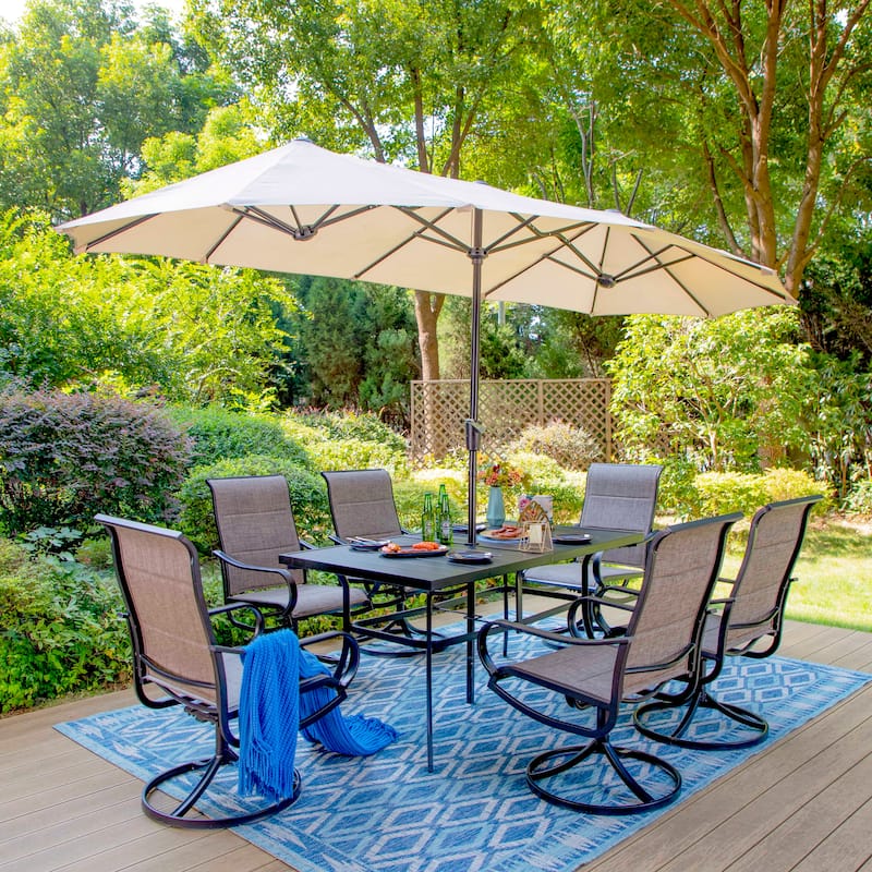 MAISON ARTS 8 PCS Patio Dining Set with 13ft Patio Umbrella - Taupe Padded Chair w/ Beige Umbrella
