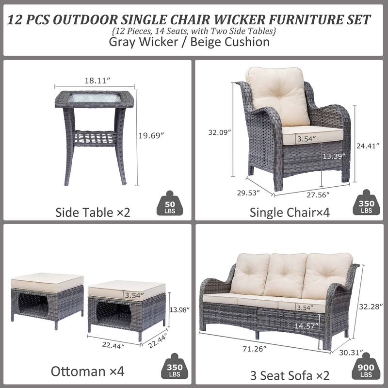 Gray Wicker Outdoor Patio Conversation Seating Sofa Sets with Cushions