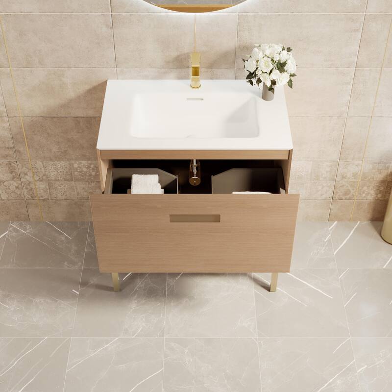 Eviva Iris 30"W Oak Freestanding Vanity with Integrated Sink Top