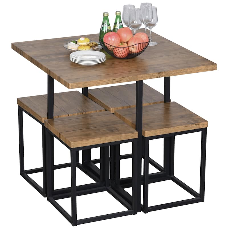 HOMCOM 5 Piece Dining Room Table Chair Set Square Board Steel Space Saving with Stools, Walnut Wood Color