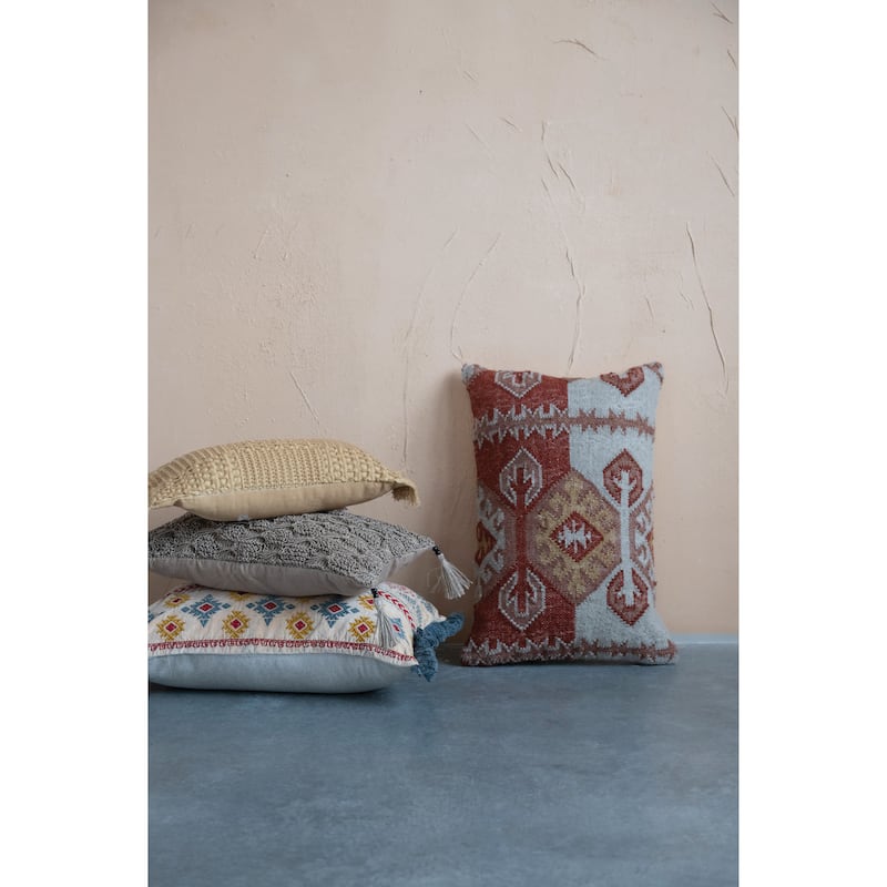 Hand-Woven Cotton and Jute Macramé Lumbar Pillow with Jute Tassels and Mango Wood Beads