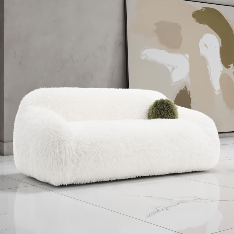 Furniture of America Cynra Modern 82-inch Faux Fur Sofa with Ball Pillow - White Long-Haired