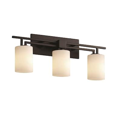Justice Design Fusion Aero 3-light Matte Black Bath Bar, Opal Cylinder - Flat Rim Shade