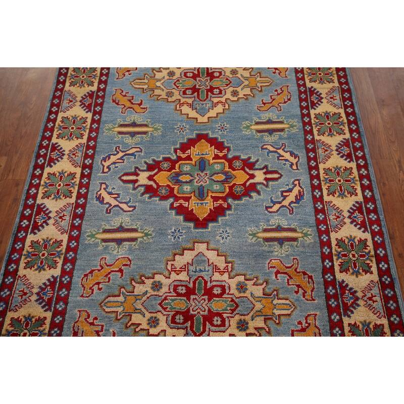 Light Blue Kazak Oriental Area Rug Handmade Geometric Wool Carpet - 3'11" x 5'10"