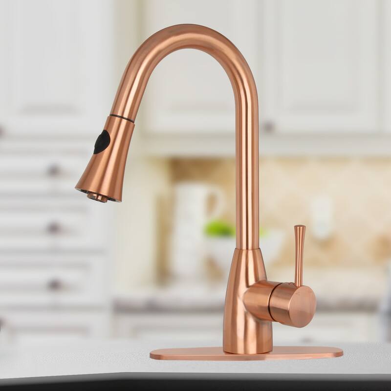 Copper Pull Down Kitchen Faucet with Deck Plate Modern Style - 8.4x16" - 8.4x16"