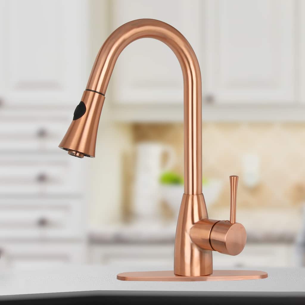 Copper Pull Down Kitchen Faucet with Deck Plate Modern Style - 8.4x16"