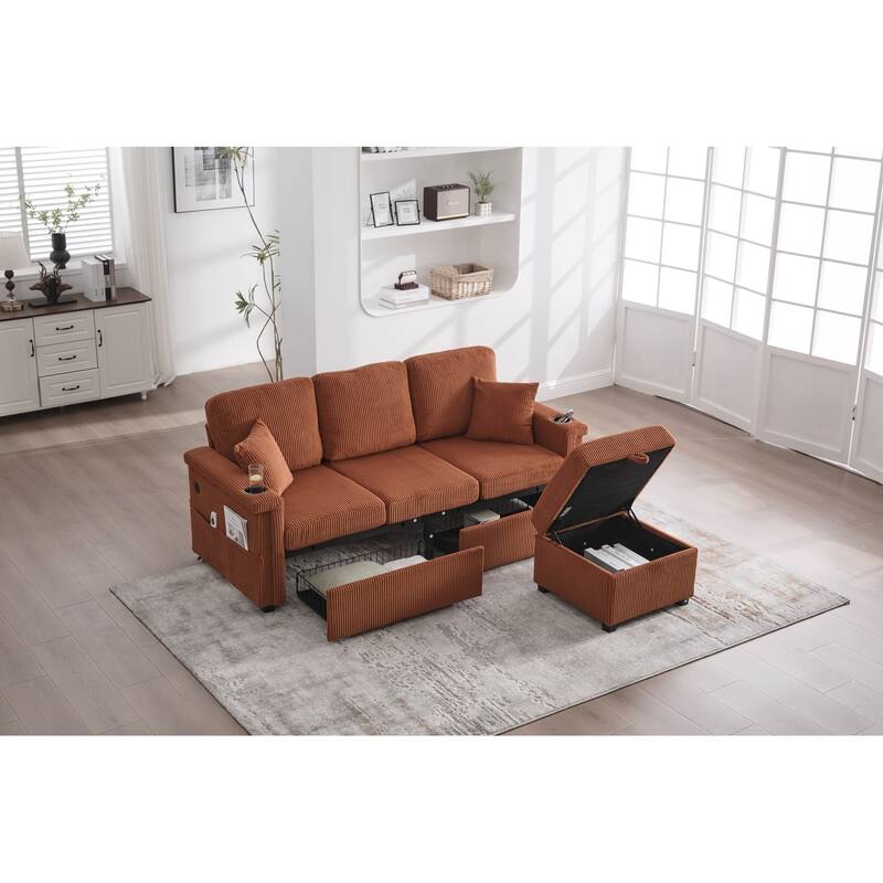 L-Shaped Sectional Sofa with Pull-Out Storage,Ottoman & Pillows 3-Seat with USB Charging,Cup Holder, Convertible Design