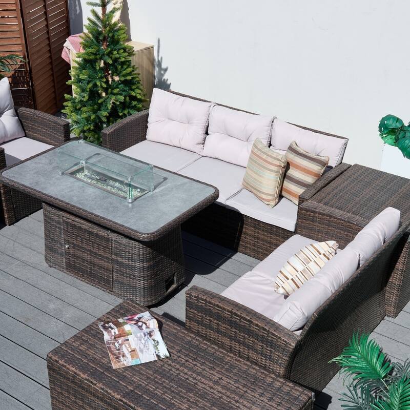 7-piece Outdoor Aluminum Handwoven Rattan Conversation Sofa Set with Adjustable Fire Pit