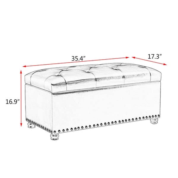dimension image slide 2 of 7, Adeco 35" Storage Ottoman Tufted Faux-Leather Lifted Top Bench