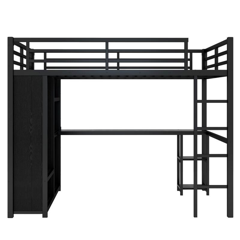 Modern Queen Size Metal Loft Bed with Built-in Wardrobe, Desk and Open Shelves, Storage Bed Frame with Guardrails and Stairs