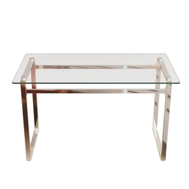 Modern Minimalist Rectangular Glass Dining Table with 0.31" Tempered Glass Tabletop and Silver Chrome Metal Legs