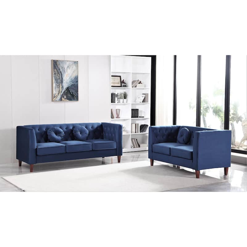 US PRIDE FURNITURE Velvet Classic Chesterfield 2 pieces Living Room Sets, Sofa and Lovesat - Dark Blue