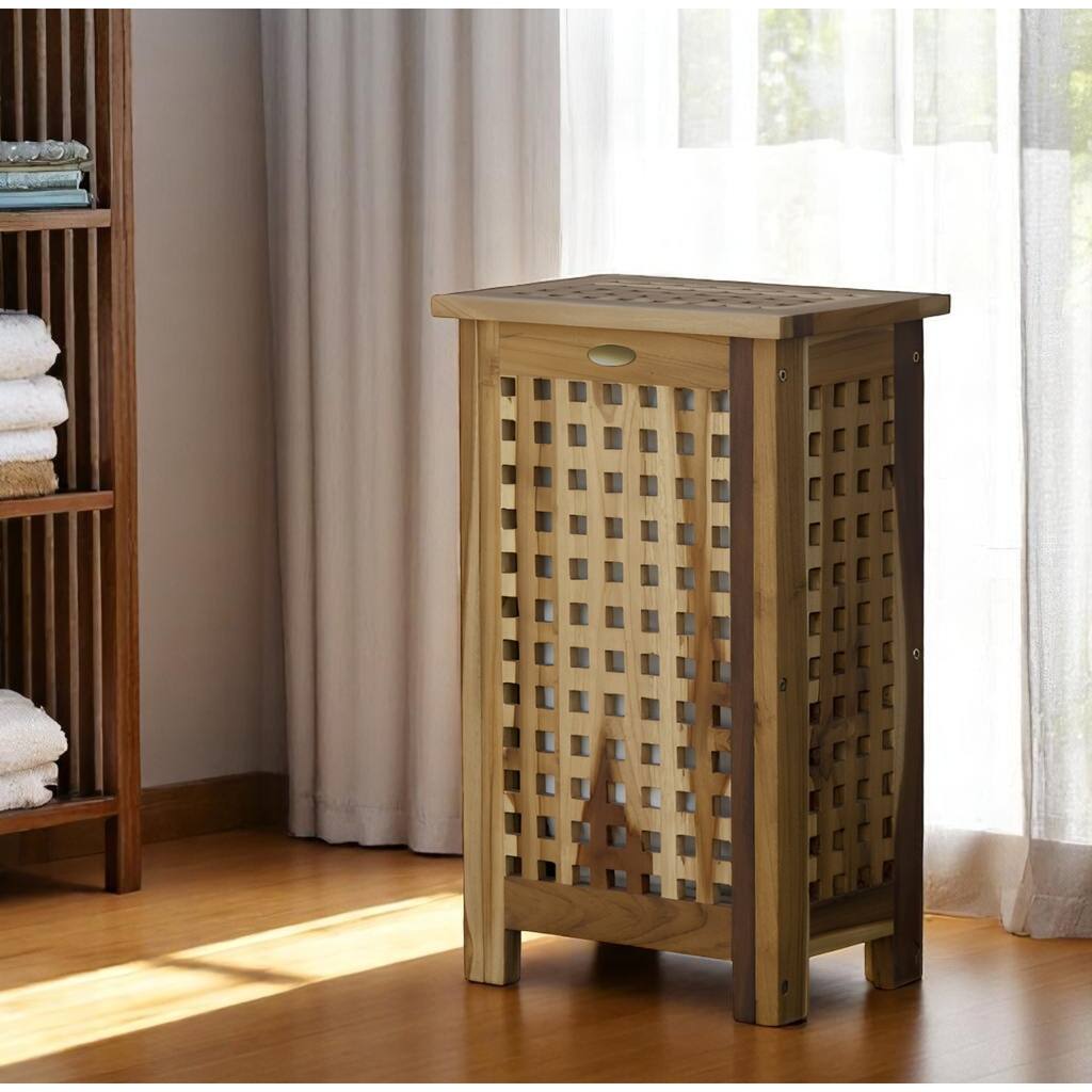 HomeRoots 24" Brown Solid Wood Lattice Laundry Hamper With Lid