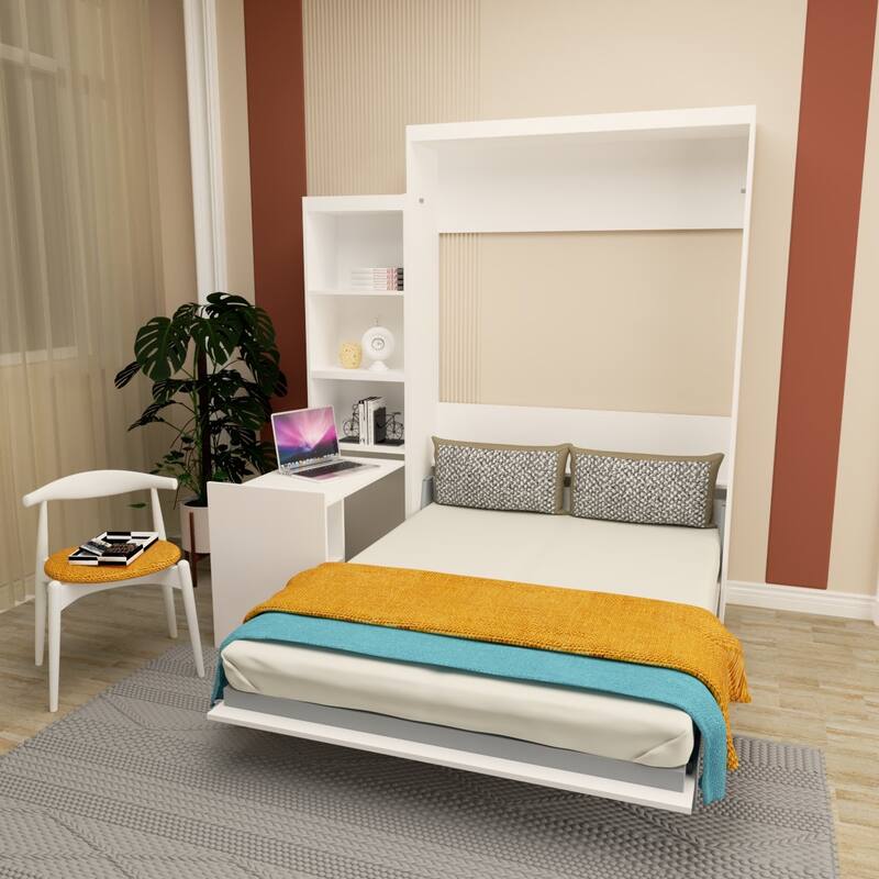 Queen Size Morden Deisgn Big Size Vertical Murphy bed with table and shelf for bedroom or Guestroom White Wall bed