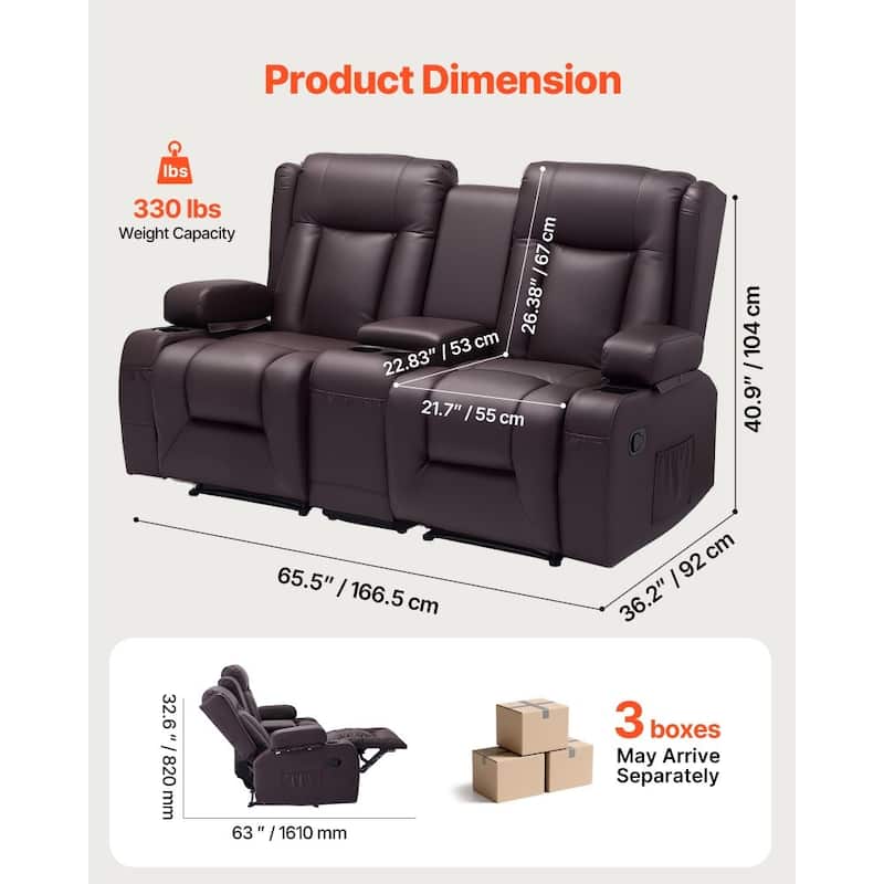 Brown PU Leather Manual Recliner Loveseat with High Back, Storage and Cup Holders - 65.5 x 36.2 x 40.9 in