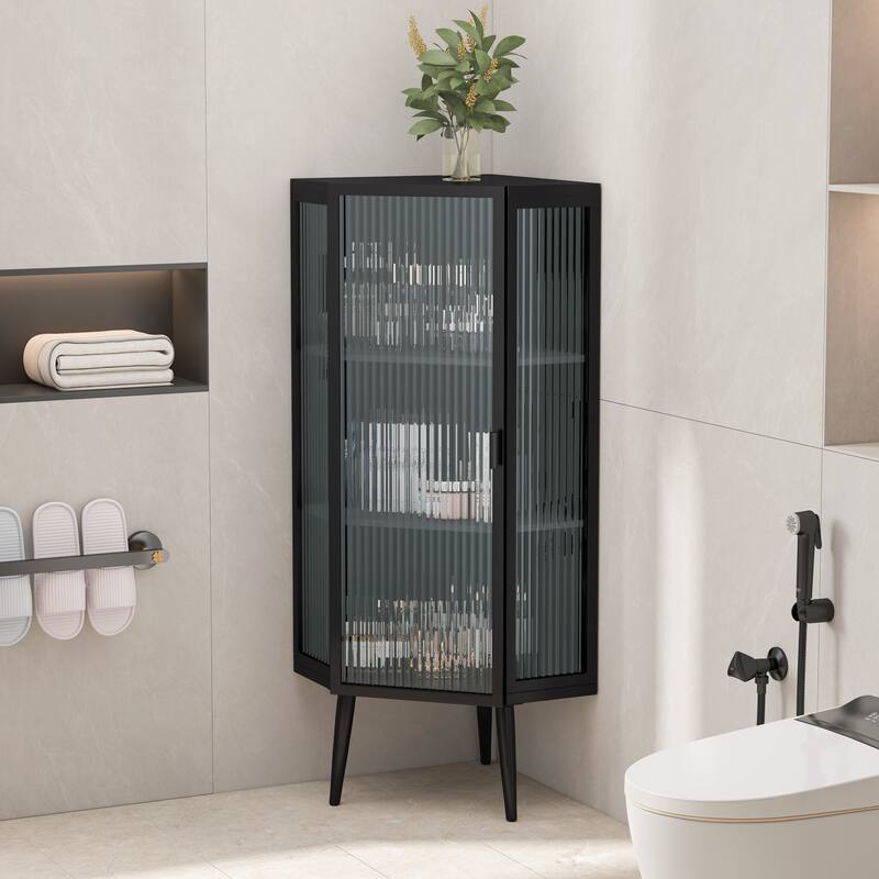 22.25" Floor Coner Cabinet, Three Tiers with Tempered Glass Doors and Storage Shelves for Bathroom, Living Room and Bedroom