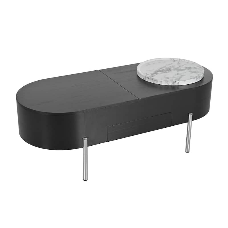 47.2" Lift Top Coffee Table with 360° Rotating Tray - Marble-Patterned Modern Oval Table with Hidden Compartment for Living Room
