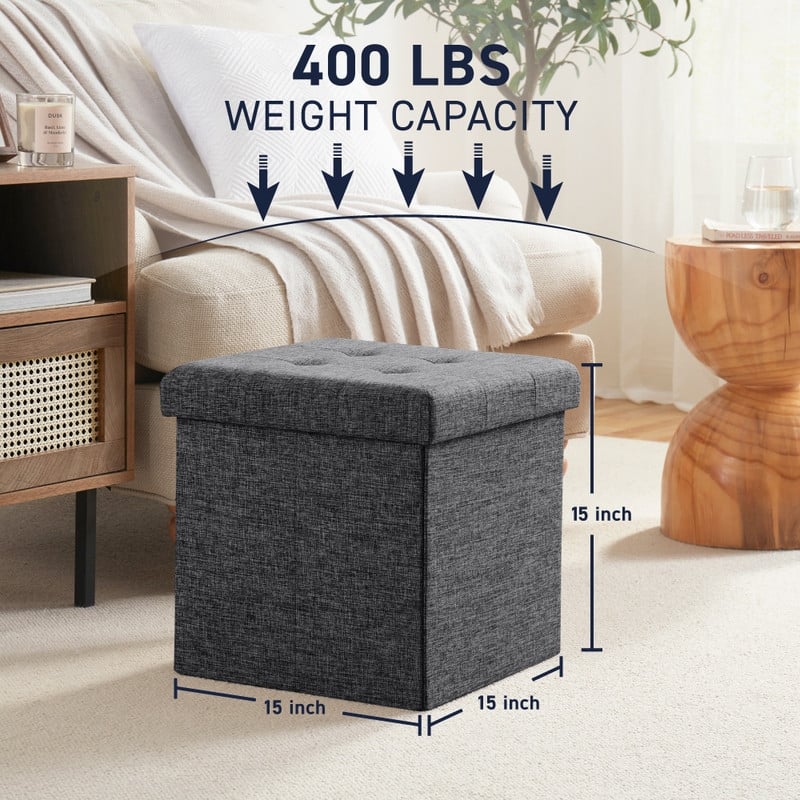 2 Pack - 15" Collapsible Square Cube Storage Ottoman, Perfect for Dorms, Livingroom and Bedroom