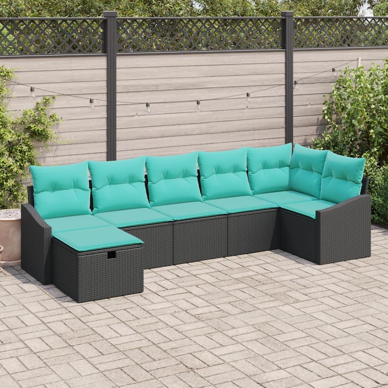 vidaXL 7/8 Garden Sofa Set with Cushions Black/Brown/Grey Poly Rattan - 113.6 x 48.6 x 27.2 - Black/Blue without table