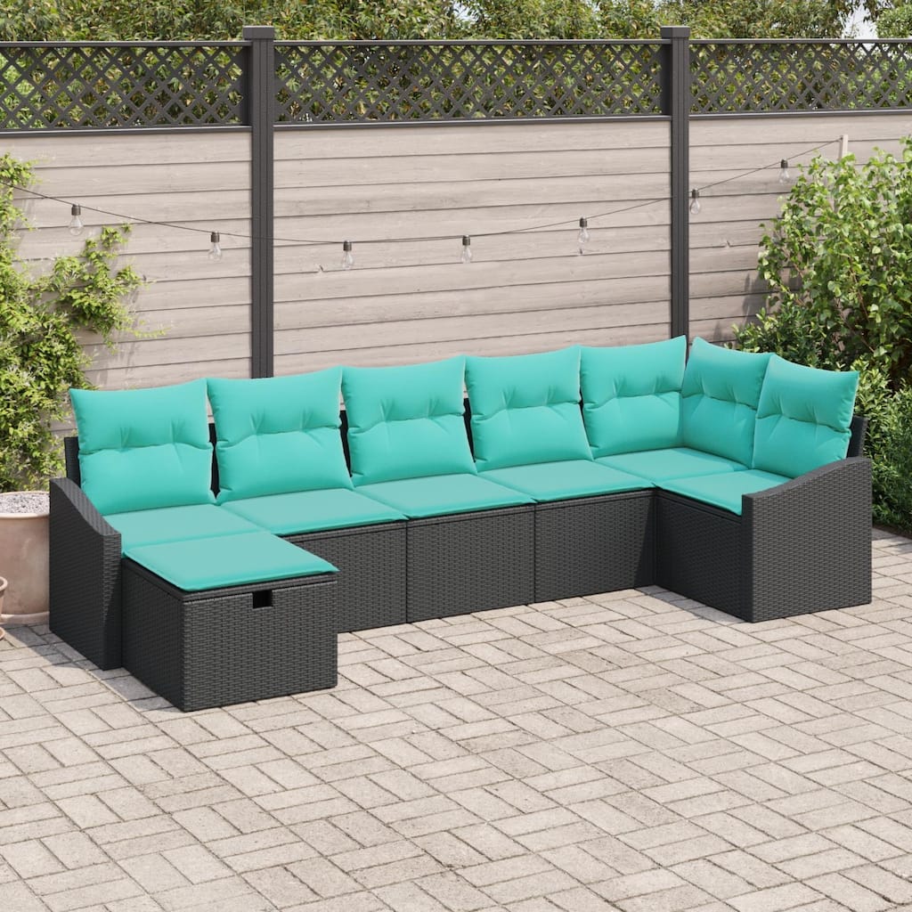 vidaXL 7/8 Piece Garden Sofa Set with Cushions Black Poly Rattan - 113.6×48.6×27.2