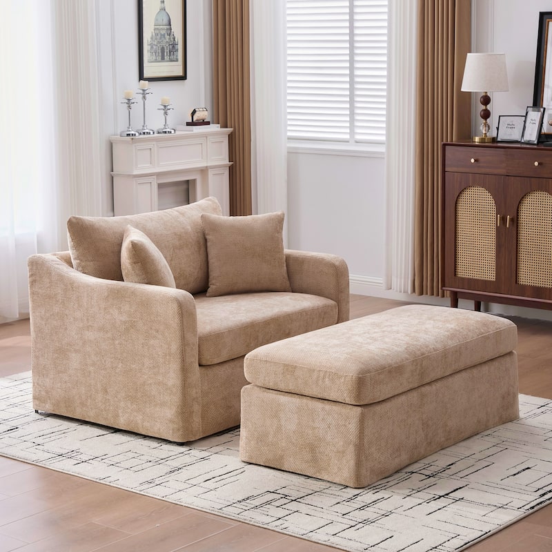 Morden Accent Chair with Ottoman, Chenille Living Room Side Chair, Single Sofa Armchair with Bolster Pillows