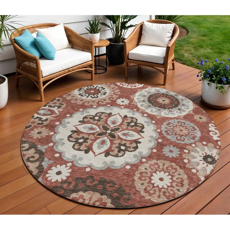 HomeRoots Floral Medallion Transitional Rectangle Outdoor Rug - 8' Round