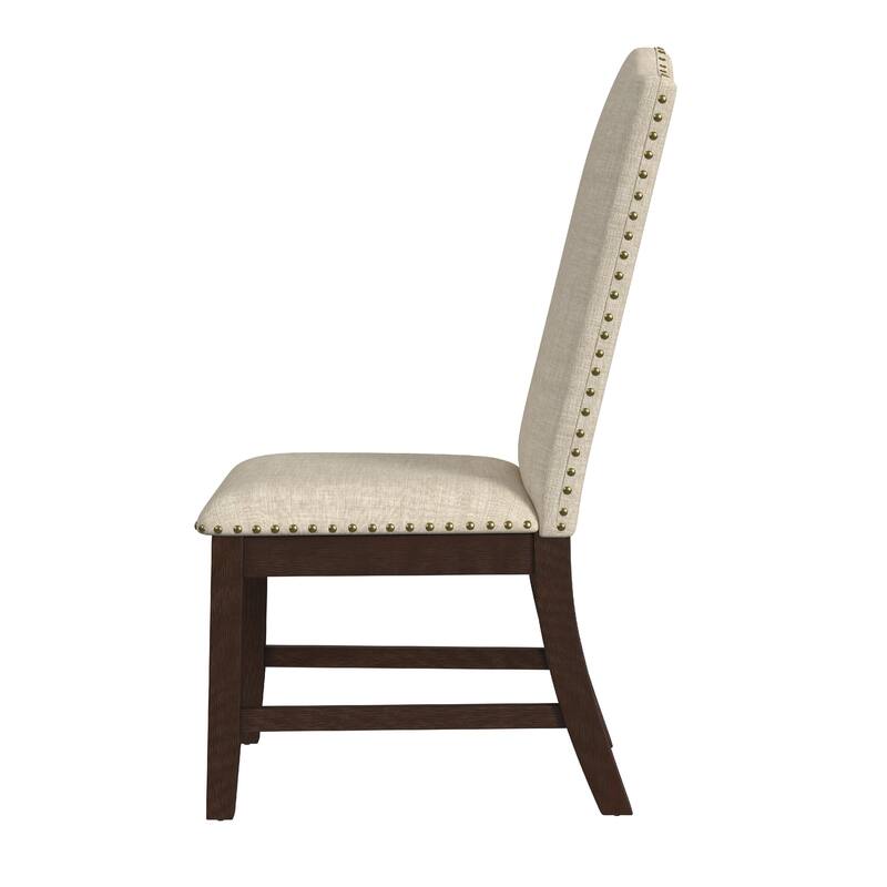 Dining Chair Set of 2, Scalloped Back, Cherry Wood, Beige Fabric