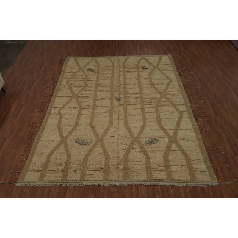 Hand Knotted Oriental 100% Wool Carpet Modern Geometric Beige & Ivories Moroccan Area Rug - 13' 10'' X 10' 2''