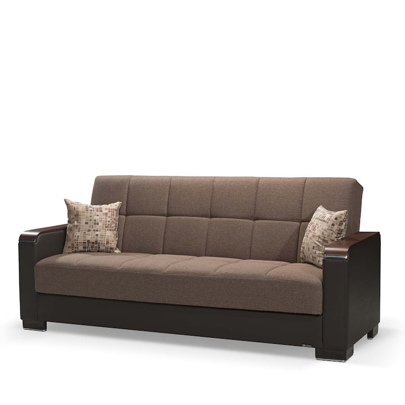 HomeRoots 87" Brown Chenille And Faux Leather Convertible Futon Sleeper Sofa And Toss Pillows With Storage