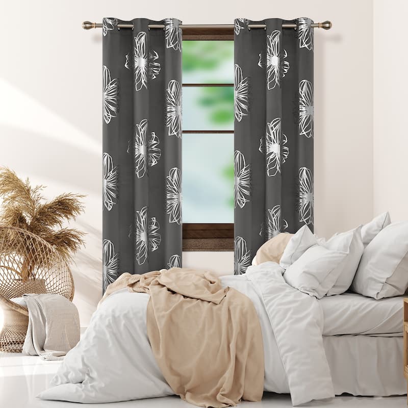 Deconovo Silver Floral Thermal Insulated Curtain Panel Pair(2 Panel)