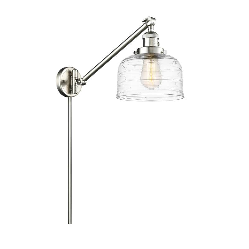 Innovations Lighting Bell - 1 Light 8" Swing Arm - 8" Shade - Plug In or Hardwired - Clear Deco Swirl/Brushed Satin Nickel